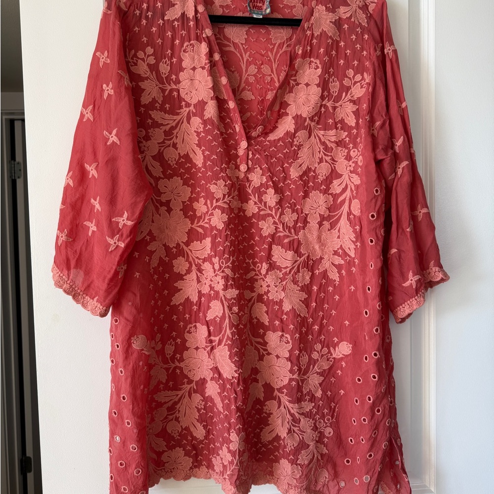 Johnny Was Coral Floral Embroidered Tunic